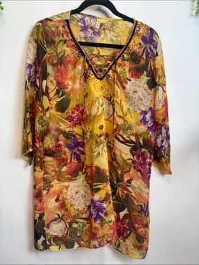 Ganesh Yellow Multicolor Floral Beaded Neck Tunic